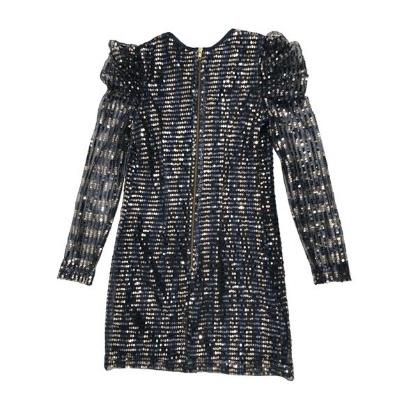 French Connection Blue Gold Sequins Sheer Sleeve Party Cocktail Dress Size 8 - Picture 6 of 9